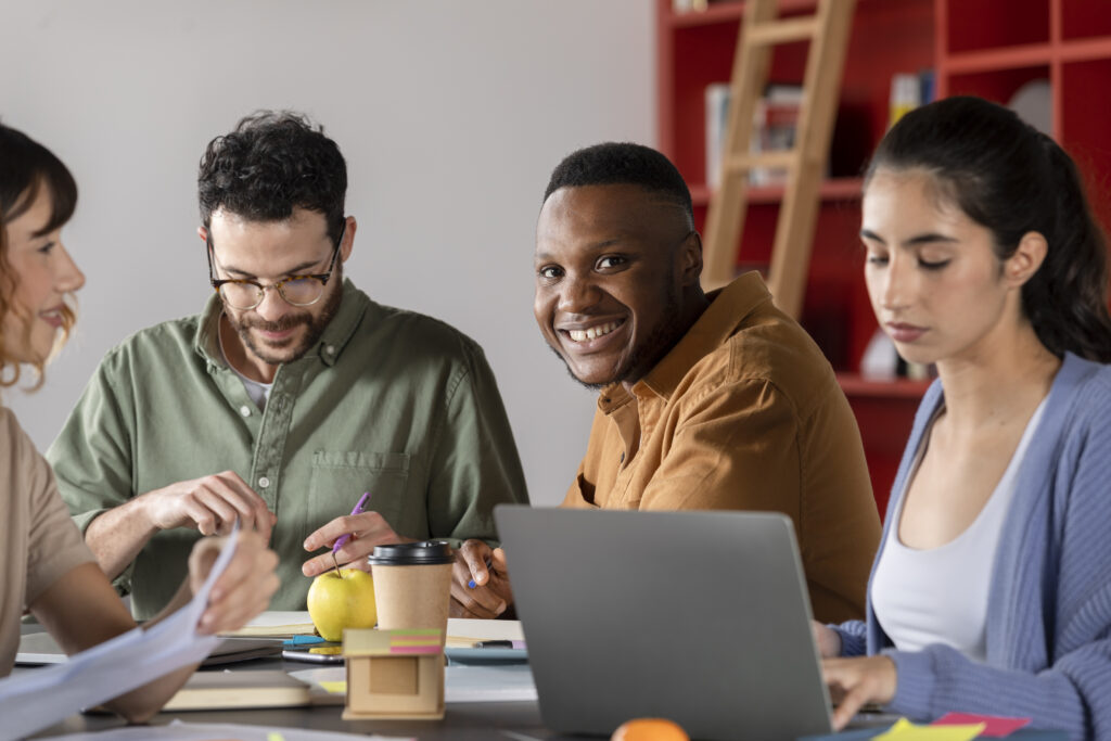 classmates learning smiling study session